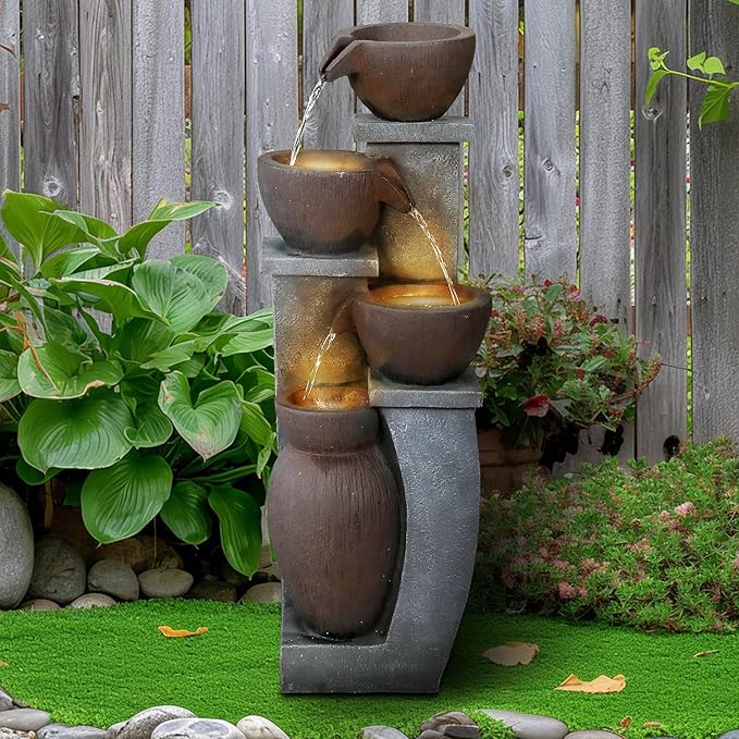 32.8" H 4-Tier Modern Outdoor Water Fountain - LED Lighted Indoor Outdoor Garden Fountains and Waterfalls for Garden, Patio, Backyard, Deck, Porch and Home Art Decor