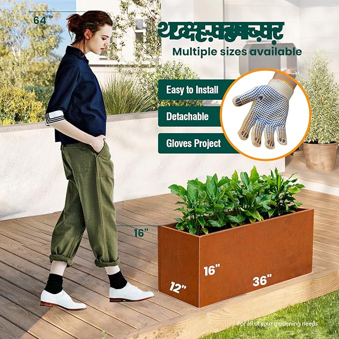 Corten Steel Planter Box Metal Outdoor Large Steel Rectangular 36" L x 12" W x 16" H Rectangule Rustic for Commercial Residential Patio and Backyard