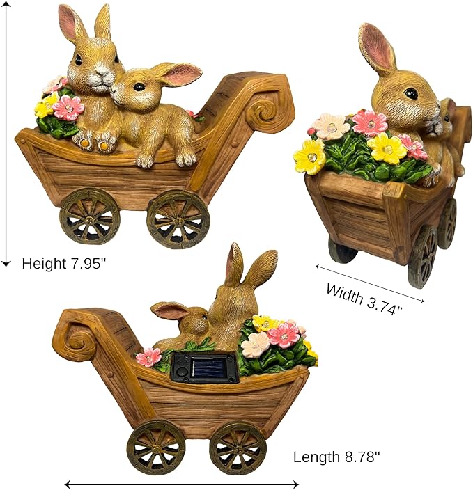 PRETMANNS Solar Rabbit Garden Statue - Mother & Baby Bunny Outdoor Decor with LED Lights for Patio, Yard Ornaments & Gifts for Women & Mom - Large