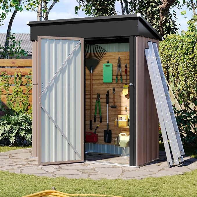 Aoxun 5’ x 2.9’ Shed Outdoor Storage Shed with Lockable Doors & Slooping Roof Metal Garden Tool Shed for Backyard, Patio, Poolside (Brown) by Aoxun