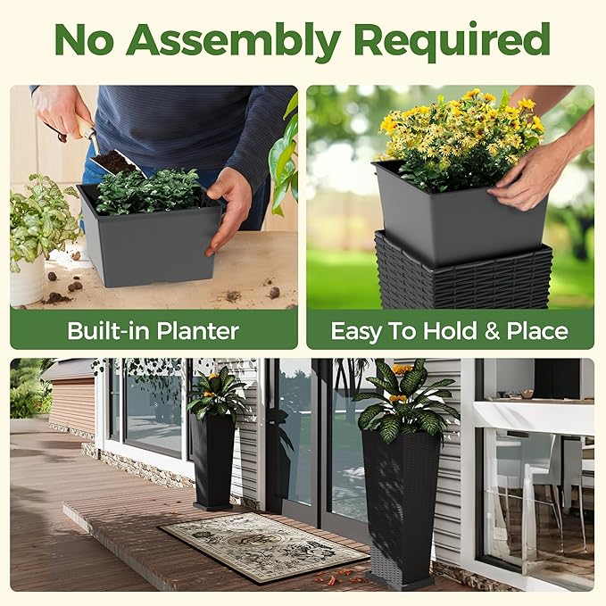 2 Pack Large Planters for Indoor Plants, Outdoor 32 inch Tall Planter with Removable Liners, Plant Pots for Trees Flowers, All-Weather Use with Drainage Holes & Saucers for Porch, Patio, Black