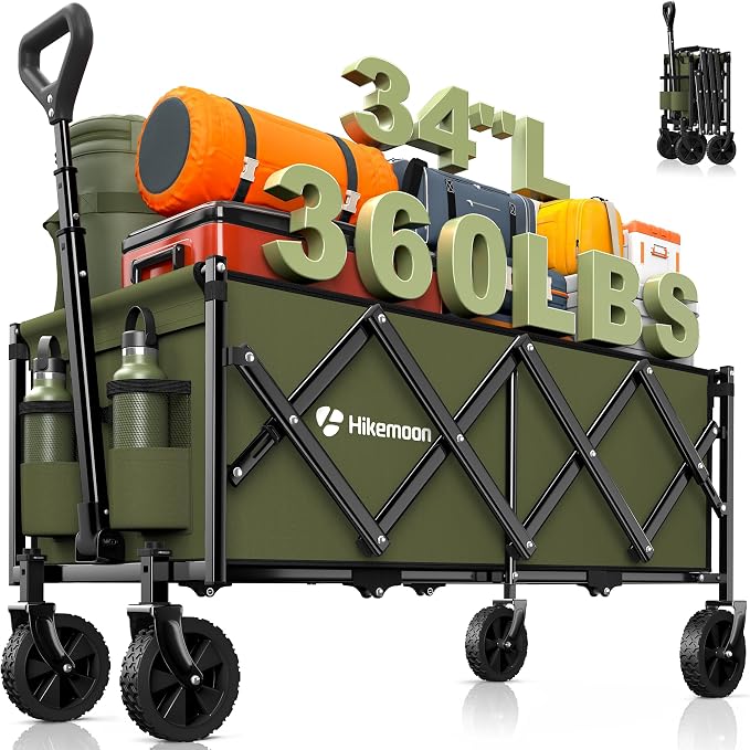 Hikemoon 34'' Extra Long Collapsible Wagons Carts Foldable, 360LBS Heavy Duty Folding Beach Wagon with Wheels, Portable Utility Outdoor Cart for Grocery, Garden, Sports, Camping, Green by Unknown