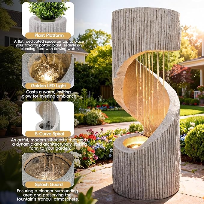 40" Outdoor Water Fountain with LED Light, S-Shaped Modern Curved Outdoor Fountain, Spiral Column Fountain, Decorative Waterfall Feature with Flat Top Plant Display for Garden, Patio Decor