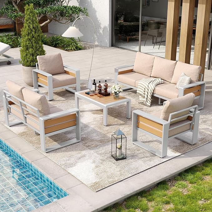 Aoxun Aluminum Patio Furniture Set, 5 Piece Luxury Outdoor Sectional with 6" Olefin Fabric Cushions, Patio Conversation Sets with Coffee Table and Waterproof Cover for Backyard, Porch Beige