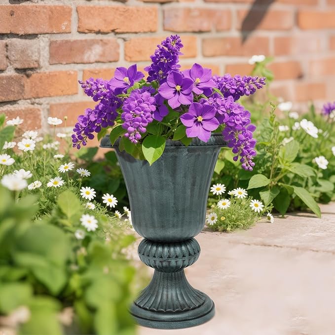 MoNiBloom 20-Inch Plastic Urn Planter Vase for Outdoor Indoor Plants Garden Patio Vintage Decorative Wedding Pedestal Roman Flower Pot Decoration Retro Home Front Porch Door Decor (Dark Green)