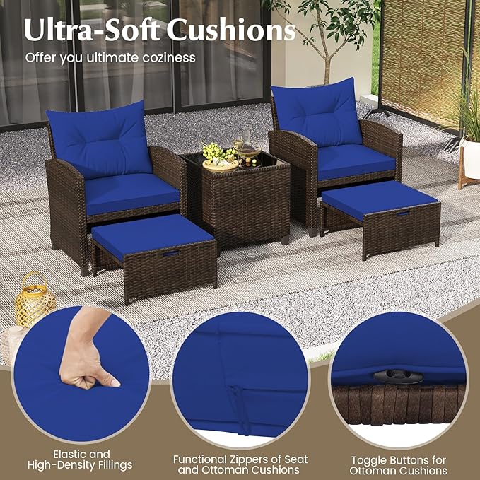 KOTEK 5 Pieces Patio Furniture Set with Ottomans, Wicker Patio Conversation Set with Coffee Table & Cushions, PE Rattan Outdoor Lounge Chairs for Backyard, Porch, Poolside (Mix Brown- Navy)