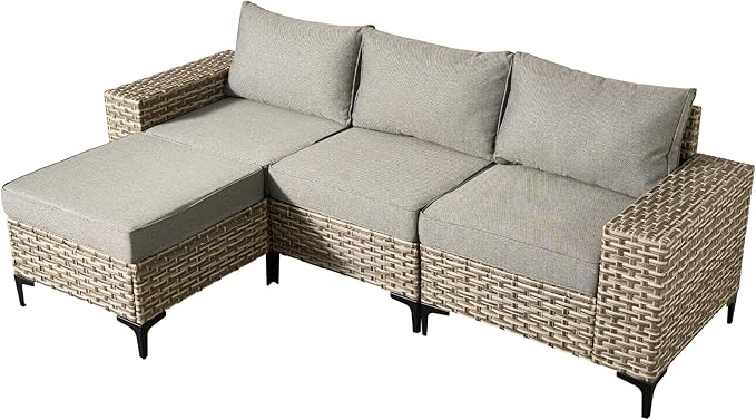 Patio Furniture Set, 4 Pieces Outdoor Wicker Conversation Sets with Coffee Table Outdoor Sectional Sofa for Balcony Backyard Poolside Garden Lawn (Gray)