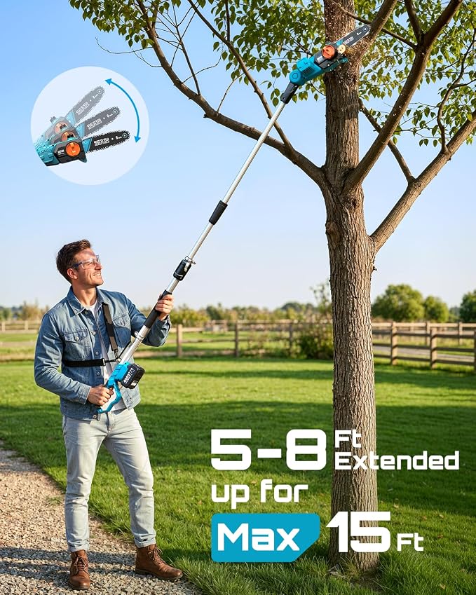 SEESII 8-Inch Electric Pole Saws: 21V Cordless Pole Saws for Tree Trimming, 15-Foot Max Reach, Auto Oiling, Tree Trimmer with 2x4000mAh Battery & Fast Charger, Tree Saw Ideal for Pruning Branches - Image 2