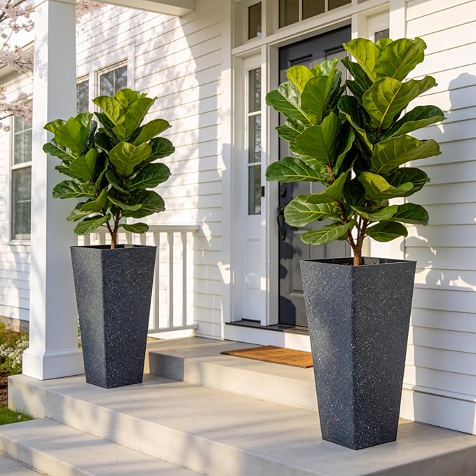 28" Plant Pots Tall Planters for Plants Outdoor Set of 2 Plastic Planter Pot Large Flower Pots Indoor Weather-Resistant for Patio, Porch, Garden, Front Door Christmas Decor Terrazzo Black
