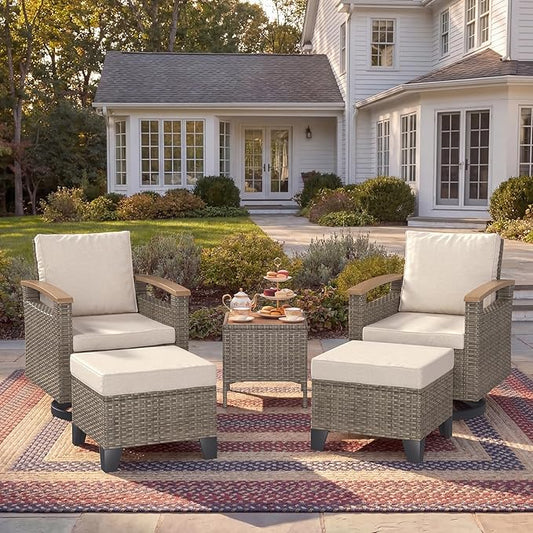 MELLCOM 5 Piece Outdoor Chairs Set- Patio Furniture Set withSide Table and 2 Ottoman, Swivel Glider Chair Set for Balcony, Porch