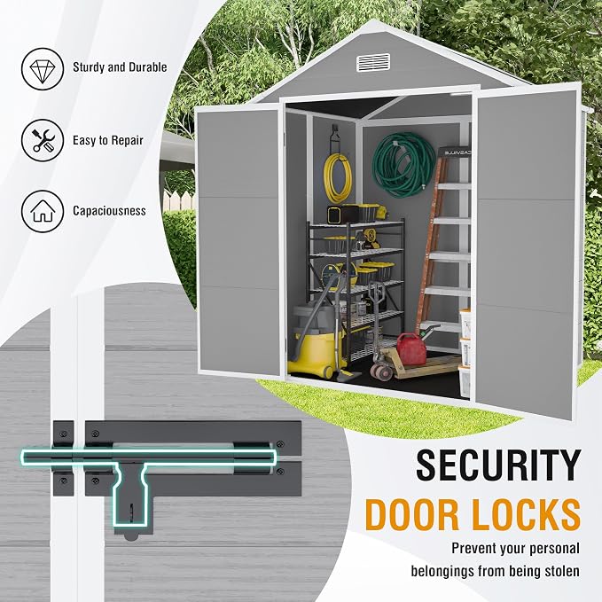 YOPTO 6x5 FT Resin Storage Shed,Garden House with Floor & Lockable Door,Waterproof Plastic Tool Sheds W/Slanting Roof Visual Window & Air Vents for Bicycles,Lawnmowers,Lawn,All Weather Use,Gray - Image 6