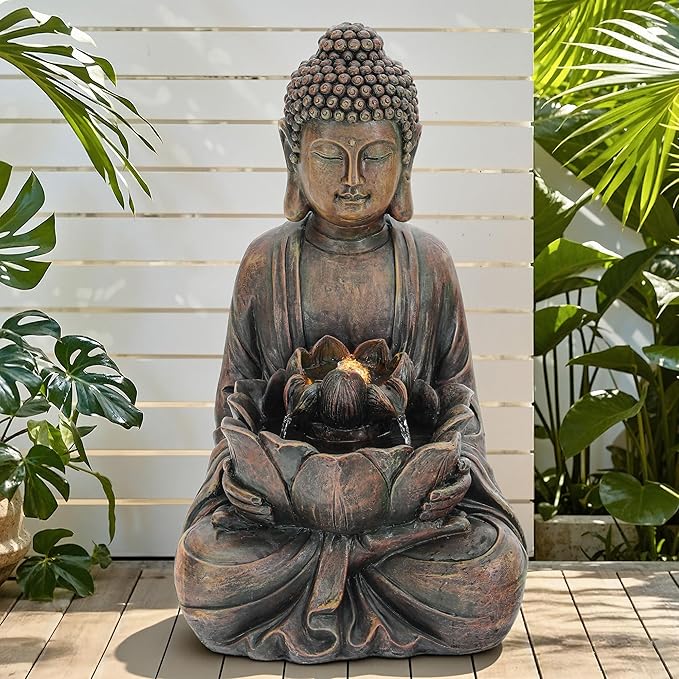 29" Outdoor Fountain, Zen Meditating Buddha Water Feature with LED Lights, Resin Lotus Soothing Cascading Waterfall for Patio, Backyard, Garden or Porch