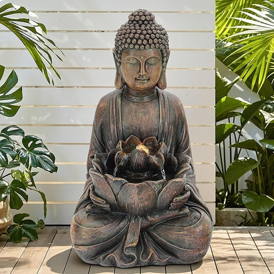 29" Outdoor Fountain, Zen Meditating Buddha Water Feature with LED Lights, Resin Lotus Soothing Cascading Waterfall for Patio, Backyard, Garden or Porch