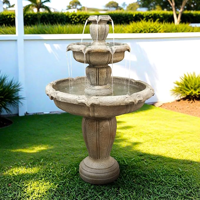 SunJet 48” High Modern Concrete Outdoor Water Fountain - 3 Tiered Large Floor Water Fountain and Waterfalls with Electric Pump for Garden, Patio, Yard, and Deck Decor, Featuring Natural Stone Look