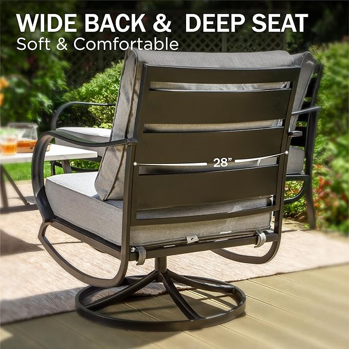 PHI VILLA 6 Piece Patio Furniture Sets with 1 x 3-Seat Deep Seating Bench, 2 x Cushioned Swivel Sofa Chairs, 1 x Coffee Table & 2 Ottoman, Outdoor Metal Conversation Set for Lawn Garden Yard,Grey