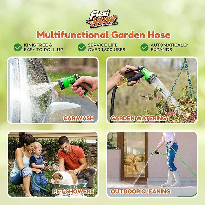 Flexi Hose Expandable Garden Hose with 8 Function Nozzle, 75FT - Lightweight Retractable Garden Hose, Water Hose - No-Kink Flexibility, 3/4 Inch Solid Brass Fittings and Double Latex Core - Image 3