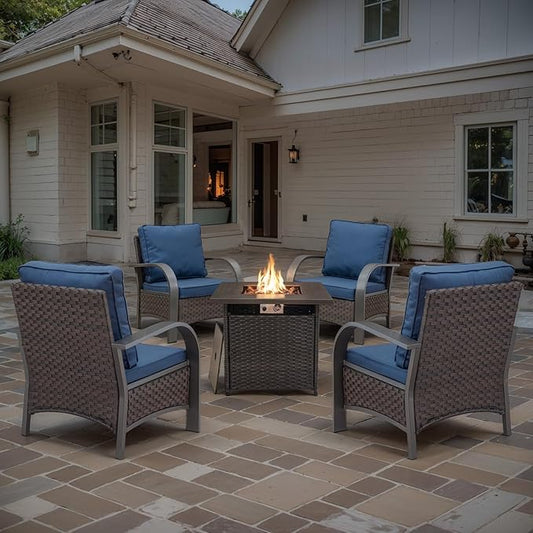 Belord 5 Piece Patio Furniture Set with Fire Pit Table - Outdoor Conversation Set with Propane Fire Pit and 4 Wicker Chairs for Backyard Patio or Casual Gathering Brown