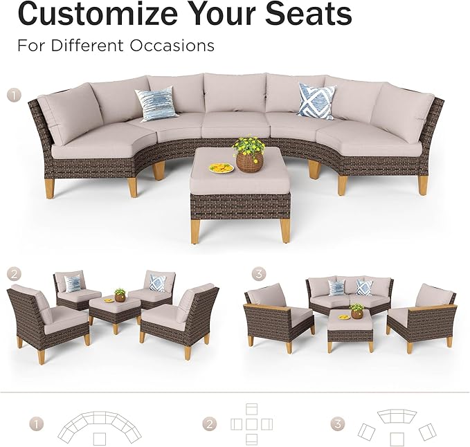 PHI VILLA 7-Piece Curved Patio Furniture Set, Half-Moon Wicker Sectional Furniture Sofa Set for 8 Seats with Cushioned 1 Curved Sectionals, 2 armless Seats, 2 one armrest Sofas and 2 Ottomans, Beige