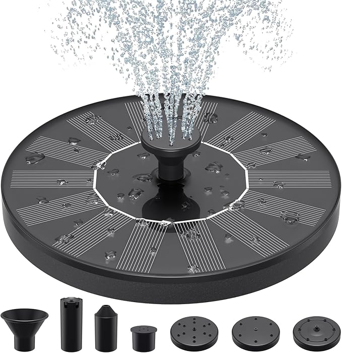 Solar Water Fountains,Solar Powered Bird Bath Fountain with 6 Nozzles - Free Standing Floating Solar Fountains for Bird Bath, Garden, Pond, Pool (Black-1.4W)