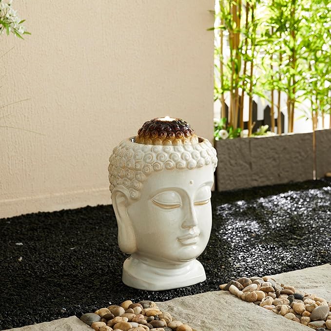 Glitzhome Buddha Head Ceramic Outdoor Fountain with LED Lights, Zen-Style Outdoor Water Fountains for Porch Deck Garden Patio Backyard, Sand Beige Textured Glaze Floor Table Water Fountain, 18.75" H
