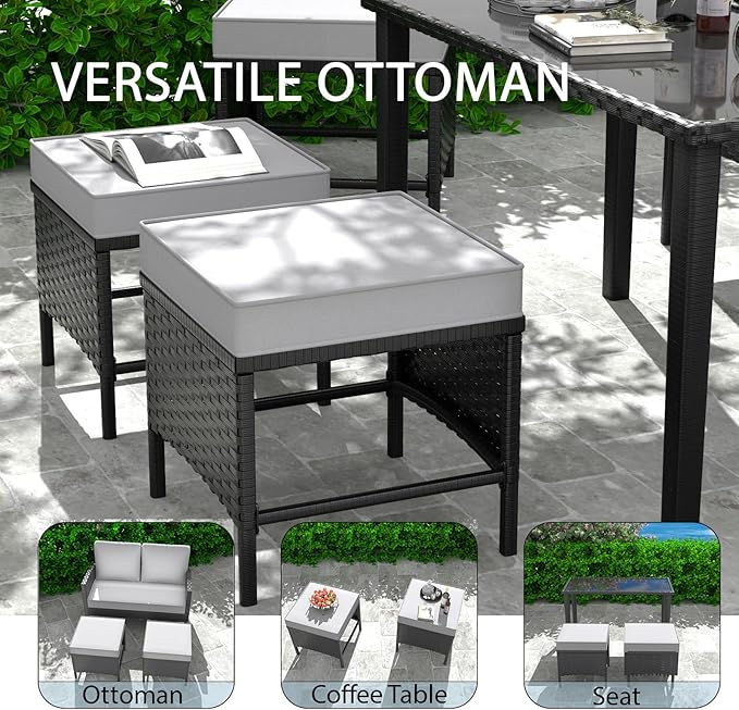 7-Piece Patio Furniture Set, Outdoor Conversation Set with Dining Table & Ottomans, PE Rattan Sofa Set with Throw Pillows and Cushions for Deck Yard Poolside, Gray