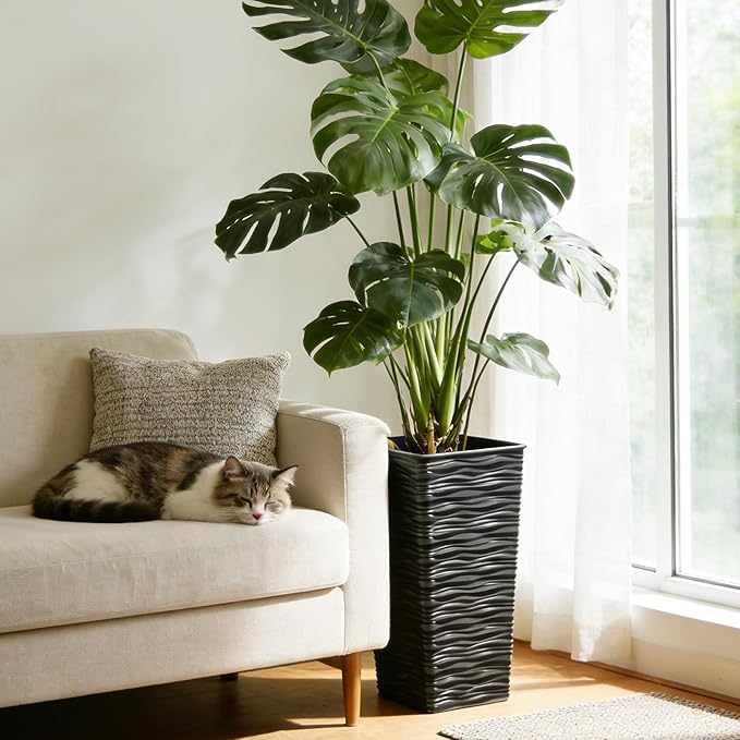 Worth 2 Pack 22" Tall Plastic Square Tapered Planter with Inside Pots for Indoor or Outdoor Use, Modern Wavy Finish for Front Porch or Deck, Black