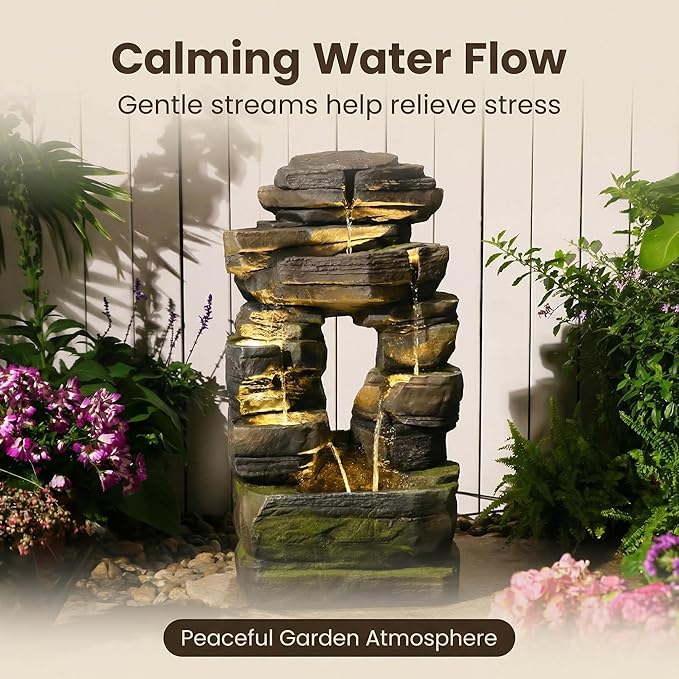 26.4" Outdoor Water Fountain with LED Lights, Stacked Rock Waterfall Fountain, Resin Garden Water Feature for Arch Design, Freestanding Patio, Yard