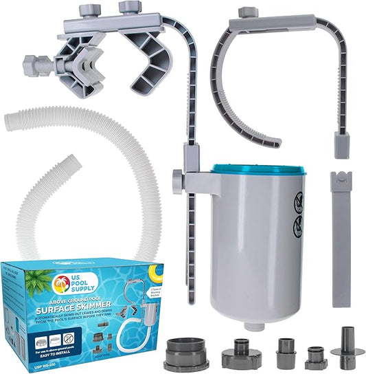 U.S. Pool Supply Pool Skimmer - Above Ground Pool Skimmer, Floating Surface Skimmer, 5 Adapters, Pool Accessories - Clean Dirt Basket, Wall Mount, Attach to Inflatable Collars, Tubular, Metal Frames by USPoolSupply