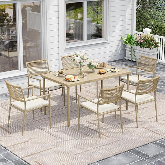 7 Pieces Outdoor Dining Set for 6, 55” Large Steel Dining Table with Umbrella Hole, Wicker Patio Table and Rattan Chairs for Garden/Deck/Yard/Porch, Matte Metal Spray Coating Patio Dining Set,Beige by Unknown
