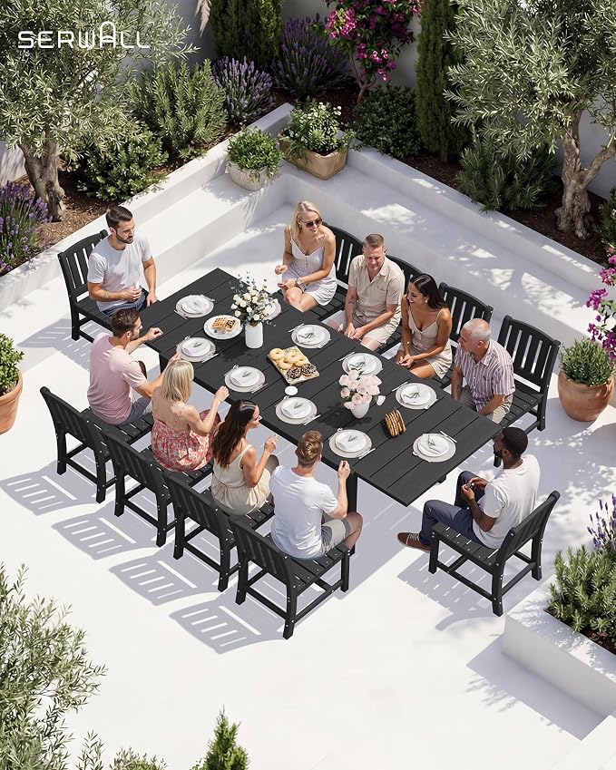 SERWALL 10-Piece Patio Dining Sets with 15FT Patio Umbrella, 60" - 83" Expandable Outdoor Dining Table and 8 HDPE Chairs, Aluminum Frame Table with HDPE Tabletop, Black (Umbreall Base not Included) - Image 9