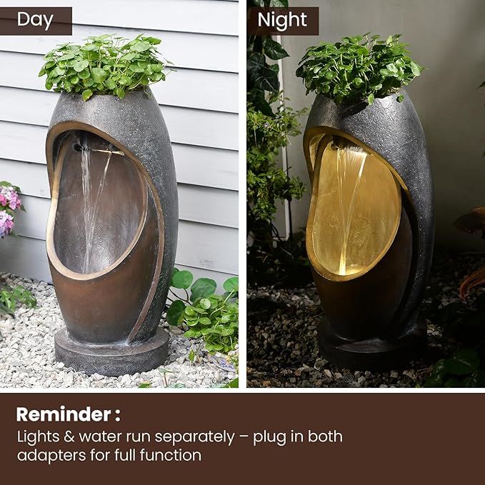 Waterfalll Water Fountain Outdoor Garden Patio Freestanding Fountains Water Feature with LED Lights, Planter Groove and Oval Cutout Design for Backyard Deck Porch Home Decor, Brown