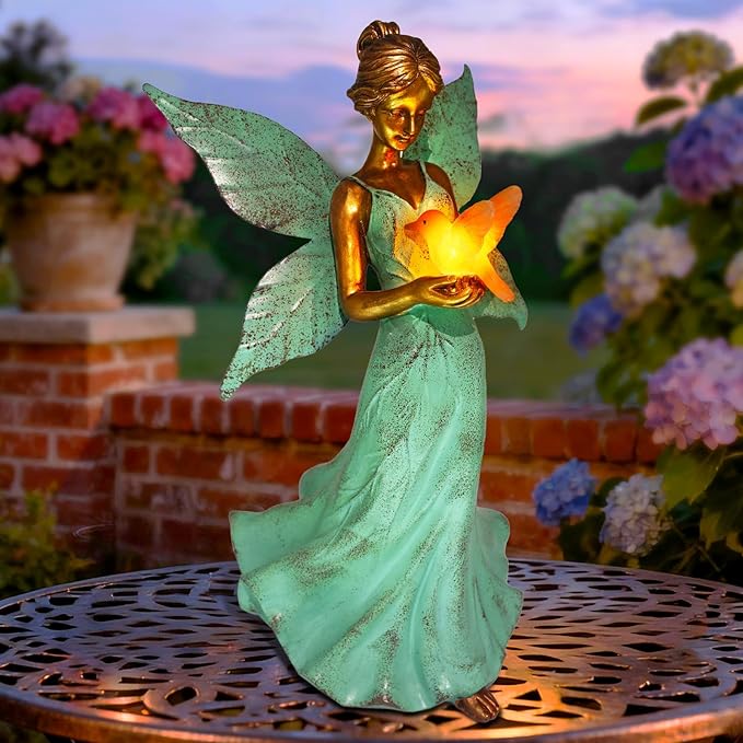 Solar Fairy Garden Statue Decor - 10 Inch Angel Girls Resin Figurine Waterproof Home Decoration with Hummingbird LED Lights for Bedroom Balcony Table Yard Patio, Gifts for Women Mom Grandma Birthday