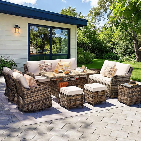 MEISSALIVVE 8 Pieces Patio Furniture Set with Swivel Rocking Chairs, Patio Conversation Set with Dining Table, Patio Dining Set with Waterproof Cushions for Lawn Backyard Porch (Brown)