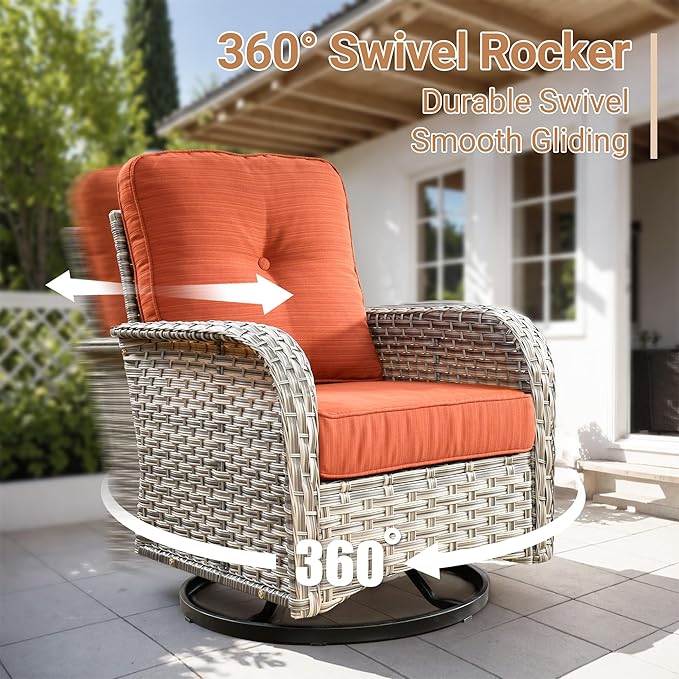 HOOOWOOO Outdoor Patio Furniture Set with Fire Pit Table,10 Pieces Wicker Conversation Set,All Weather High Back Couch Sofa Swivel Chairs Ottomans Ottomans Set,Orange Red