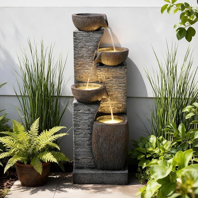 38.2" Tall Outdoor Water Fountain,Stone Texture Modern 4 Tiers Cascading Bowls Garden Fountains Outdoor,Suit for Patio, Deck, Porch, Lawns, Backyard and Home Art Decor
