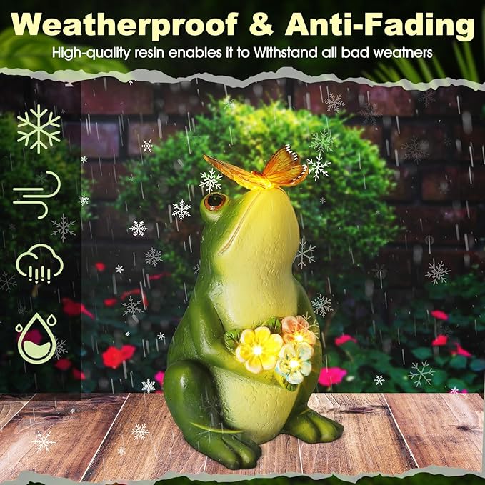 Solar Garden Frog Decor Resin Outdoor Frog Decor Figurine with LED Light Frogs Garden Statue for Outside Yard Patio Balcony Ornament Housewarming Gift for Women Mom Grandma