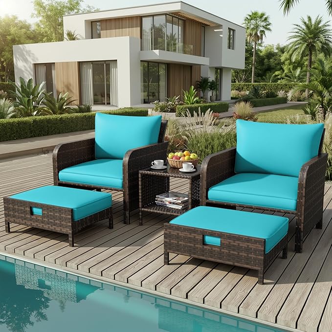 LEVELEVE Patio Conversation Set 5 Piece, Balcony Furniture Outdoor PE Rattan Wicker Lounge Chairs with Soft Cushions, 2 Ottomans & Glass Table for Porch Lawn, Brown (Lake Blue Cushions