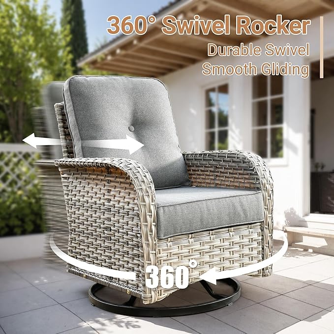 HOOOWOOO Outdoor Patio Furniture Set with Light Table,5 Pieces Wicker Conversation Set,All Weather High Back Couch Sofa Swivel Chairs Set,Charcoal Gray