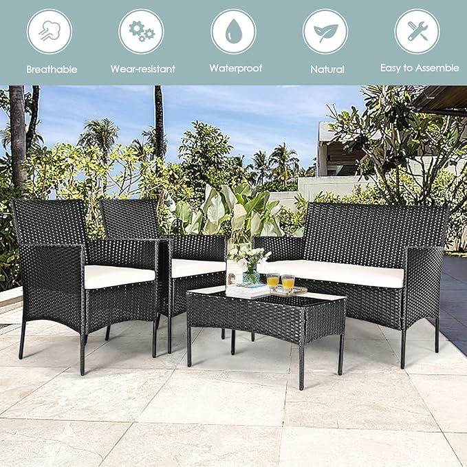 4 Pieces Patio Furniture Set, Outdoor Conversation Set with Ergonomic Curved Backrest, Patio Chair Set with Water-Resistant Cushion & Tempered Glass Table for Balcony, Porch, Pool (Beige)