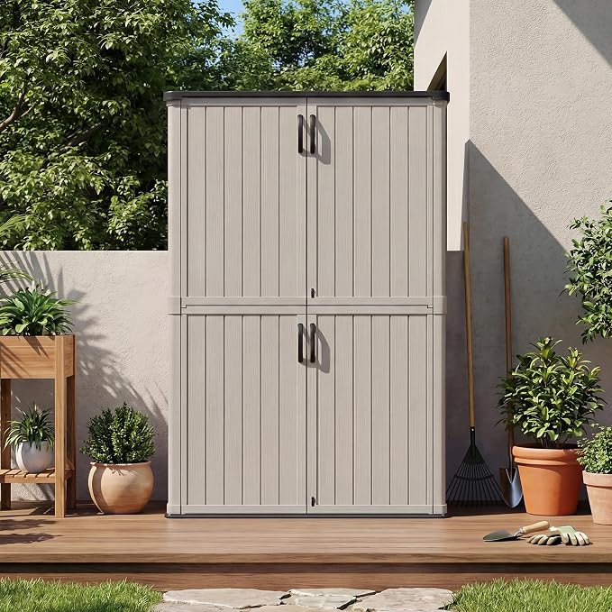 Patiowell 50 cu.ft Plastic Outdoor Storage Shed, Lockable Waterproof Resin Storage Cabinet Vertical Storage Shed for Garden Tools, Garbage Cans, Pool Supplies, Beige(Not Include Shelves) - Image 2