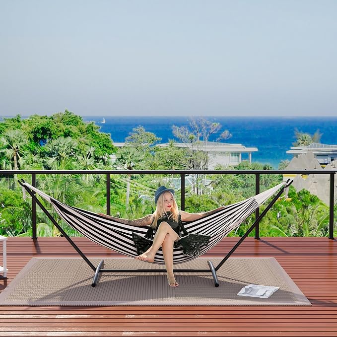 Double Hammock with Steel Stand - 2 Person Hammock Bed Indoor Outdoor, Brazilian-Style, with Carry Bag, 450lb Capacity, Portable & Easy Assembly, Black - Image 7