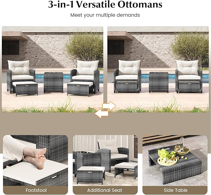 KOTEK 5 Pieces Patio Furniture Set with Ottomans, Wicker Patio Conversation Set with Coffee Table & Cushions, PE Rattan Outdoor Lounge Chairs for Backyard, Porch, Poolside (Mix Grey- Off White)