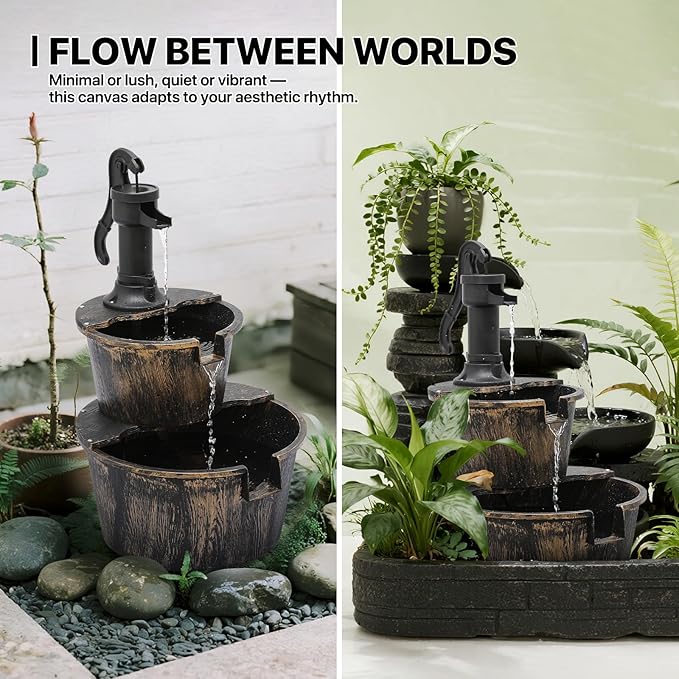 MoNiBloom Outdoor Water Fountains, 27" Tall 2-Tier Barrel and Pump Waterfall Fountain and Pump for Outdoor Patio Garden Backyard Decking, 11 L Water Capacity, Bronze