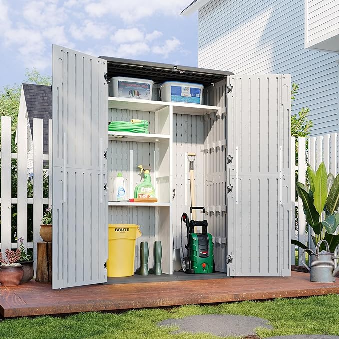 Aoxun Outdoor Resin Storage Shed with Metal Shelving Kit & Floor, 64 Cu.Ft Vertical Waterproof Storage Cabinet for Garage, Pool, Bike, Garden Tools, Patio Furniture (White) by Aoxun