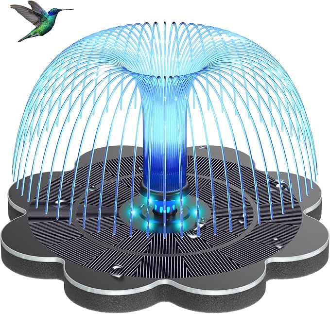 Solar Bird Bath Fountains Flower Pattern, Upgrade 3.5W Solar Water Fountain with 2000mAh Battery, Colorful Led Lights, 7 Nozzles, Hummingbird Solar Fountain for Garden, Swimming Pool, and Pond