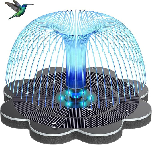 Solar Bird Bath Fountains Flower Pattern, Upgrade 3.5W Solar Water Fountain with 2000mAh Battery, Colorful Led Lights, 7 Nozzles, Hummingbird Solar Fountain for Garden, Swimming Pool, and Pond