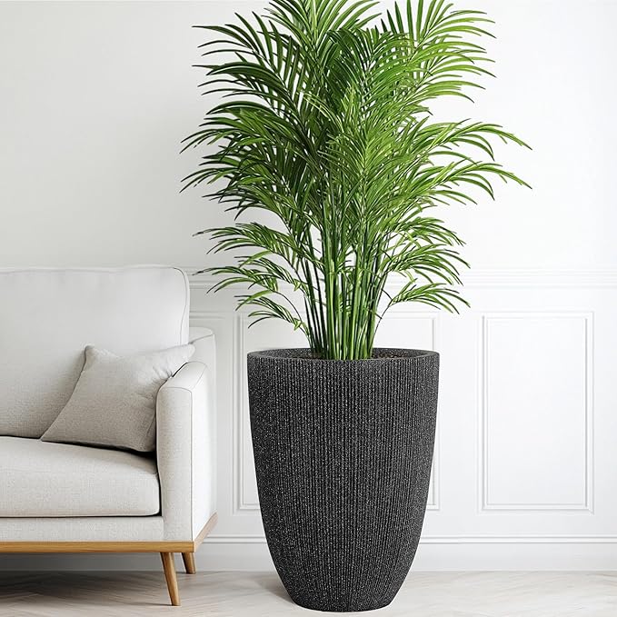 19" Concrete-Style Tall Round Planters for Indoor Outdoor Plants, Set of 2 Decorative Fluted Large Flower Pot, UV-Resistant Top-Tier Resin Planters for Garden Patio Porch Home Office Decor