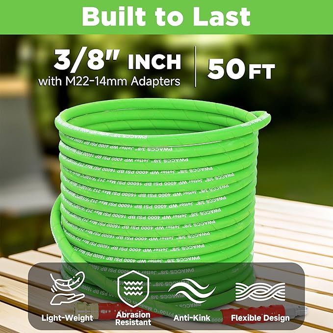 PWACCS Pressure Washer Hose 50 FT, 3/8" Kink Resistant Power Washer Hose Steel Braided Quick Connect with M22 14 Fittings for Cold/Hot Water, 4000 PSI - Image 4