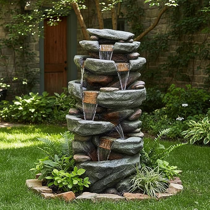 Naturefalls 40.55inches High Outdoor Rock Water Fountain with LED Lights - 6-Tiers Poly-Resin Cascading Waterfall Fountain for Garden, Patio, Yard, Home Decor
