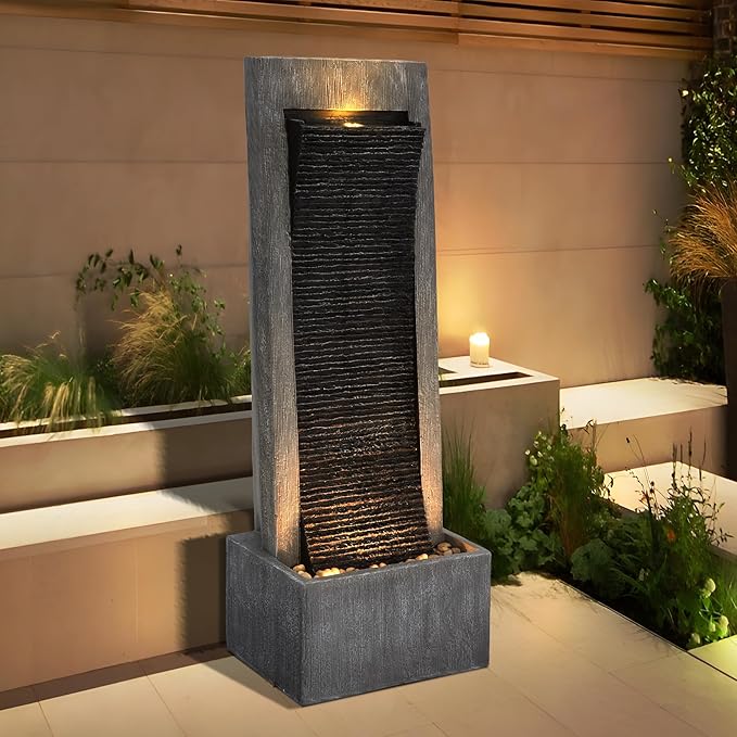 49.6" H Water Fountains Outdoor Garden Decor - Water Fountains and Waterfalls Outside, Large Indoor Floor Standing Resin Fountain Features W/Pump LED Light Cobbles for Patio, Home Art Decor